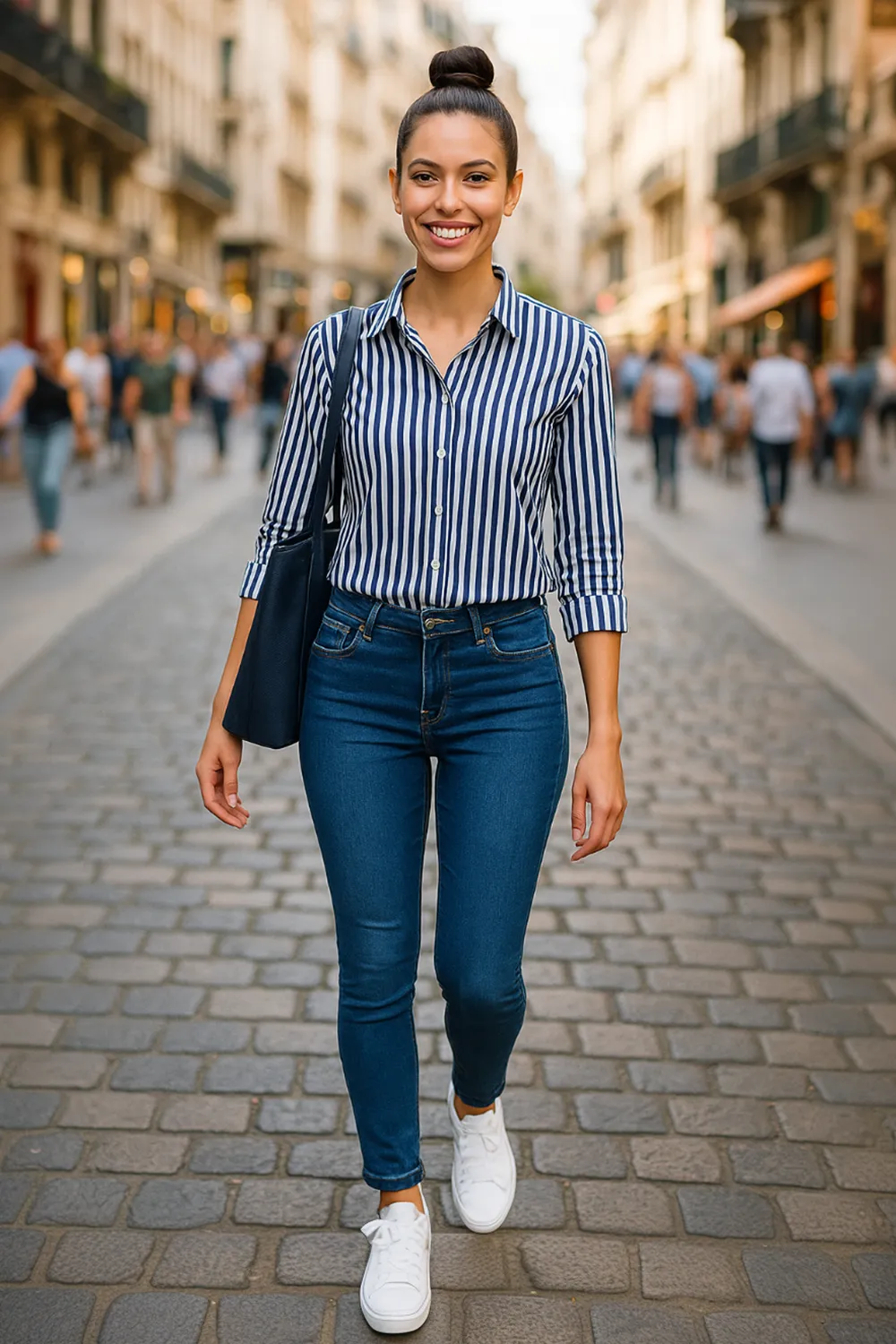Blau-weiße Streifenbluse, Jeans & weiße Sneaker – perfektes Alltags-Outfit