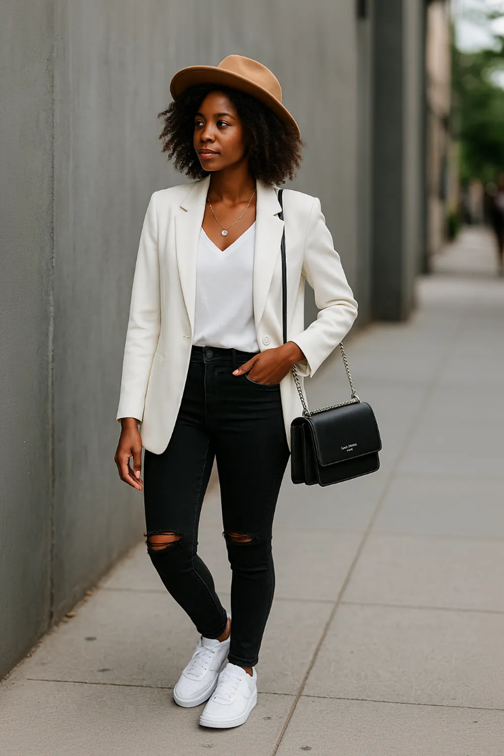 Weißer Blazer, schwarze Jeans & weiße Sneaker – Streetstyle für moderne Frauen