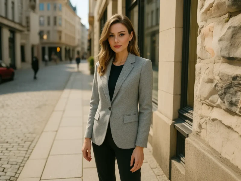 Selbstbewusste junge Frau trägt grauen Blazer und schwarze Hose als elegantes Business-Outfit im Straßenstil