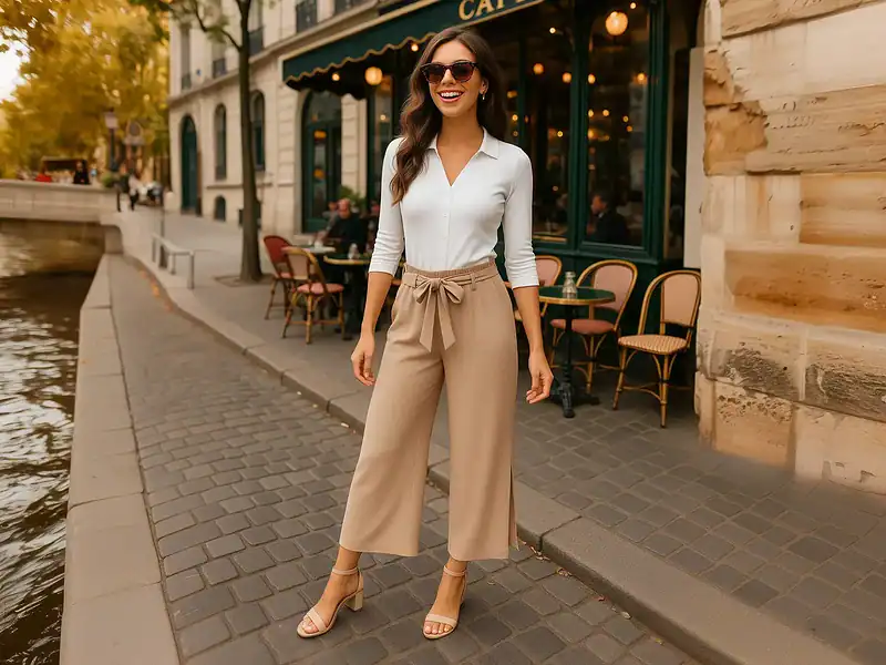 Lächelnde Frau in elegantem Sommeroutfit mit beiger weiter Hose, weißer Bluse und Sandaletten vor einem Café im Pariser Stil