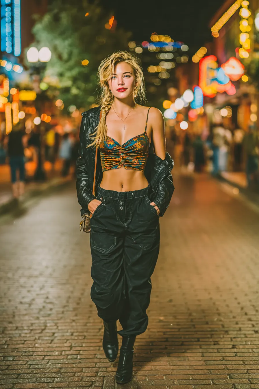 Frau im edgy Abendlook mit schwarzer Baggy-Hose, buntem Crop-Top und Lederjacke – stylisches Night-Out Outfit mit selbstbewusstem Vibe