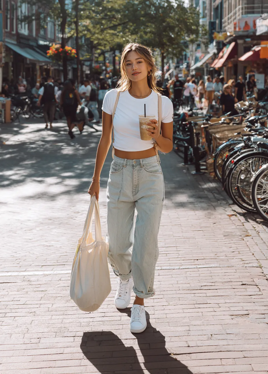 Junge Frau im weißen Crop-Top und hellblauen Baggy Jeans, mit Coffee-to-go und Stofftasche – lässiger Streetstyle Look für den Alltag