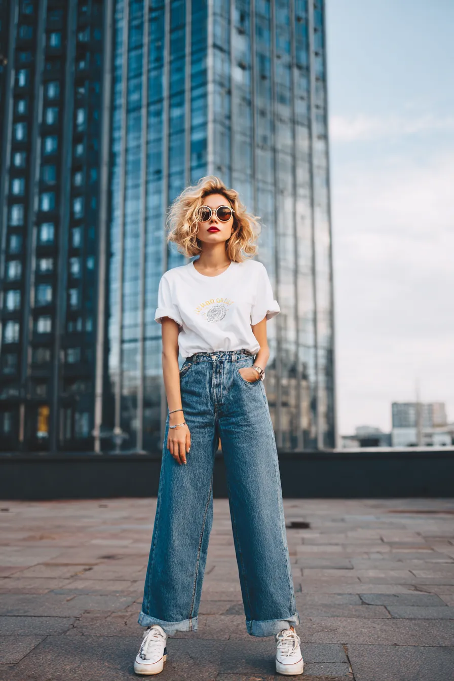 Junge Frau mit weißen Sneakers, weitem weißen T-Shirt und blauen Baggy Jeans vor Hochhauskulisse – cooler Casual Streetstyle für Frauen
