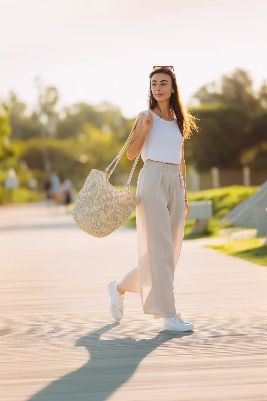Frau im sommerlichen Baggy Pants Outfit mit beiger weiter Hose, weißem Top, Strohtasche und Sneakers – leichter Look für heiße Tage