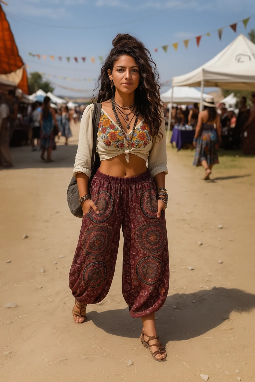 Frau im Boho-Festival-Outfit mit bunter Haremshose, geblümtem Crop-Top, Layering-Schmuck und Sandalen auf einem Open-Air-Markt