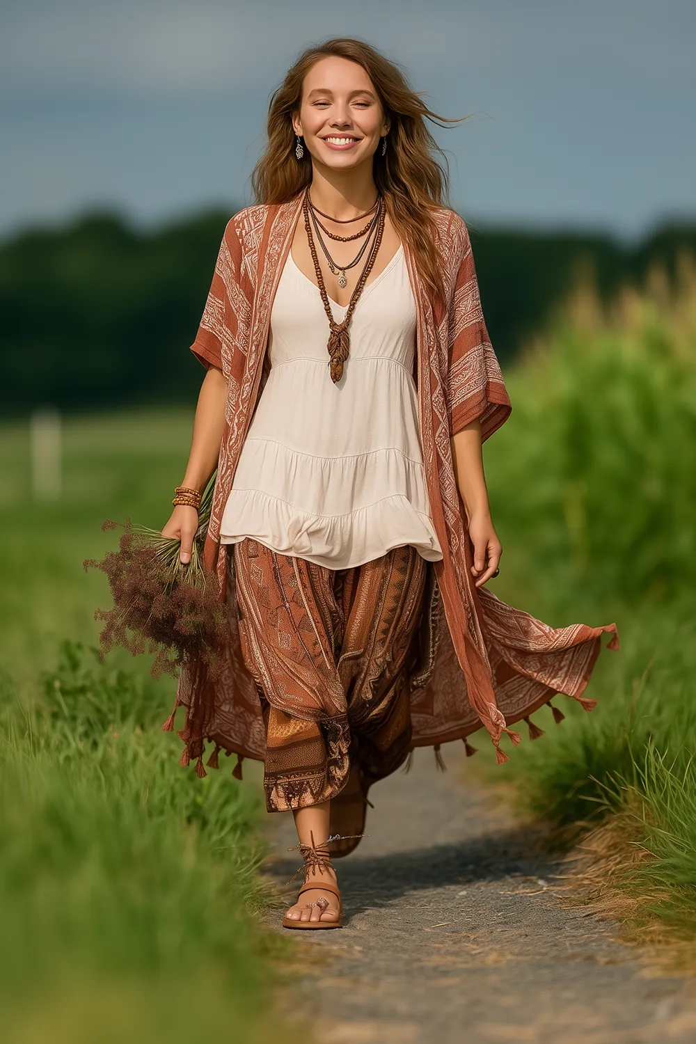 Lächelnde Frau im Boho-Outfit mit weißem Top, braunem Kimono, Haremshose und Sandalen beim Spaziergang durch die Natur