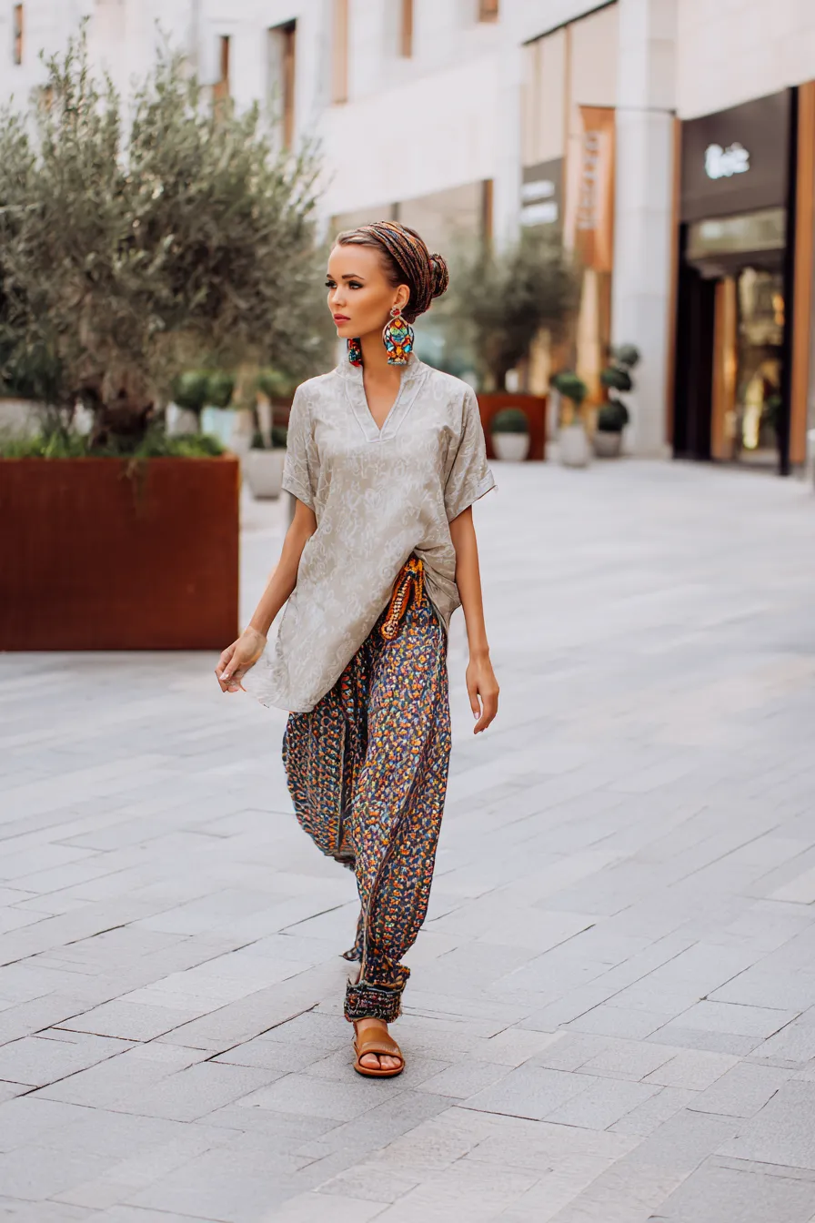 Frau im Boho-Style mit gemusterten Baggy Pants, Kurti-Oberteil, bunten Statement-Ohrringen und Sandalen – stilvoller Streetstyle mit globalem Flair