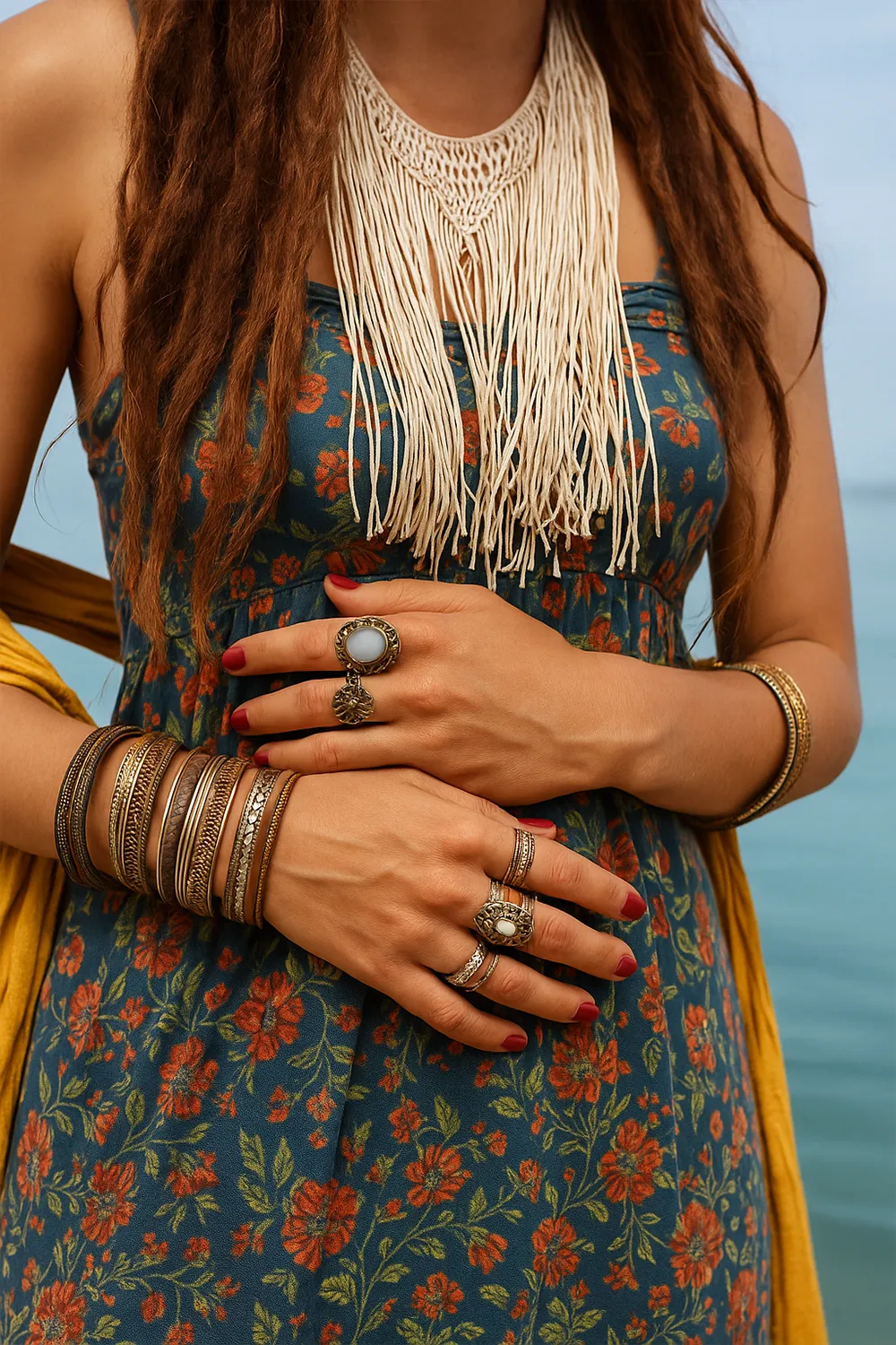 Boho-Frau mit auffälligen Armreifen, Vintage-Ringen und Fransenketten, kombiniert mit geblümtem Kleid – Nahaufnahme der Hände und Accessoires