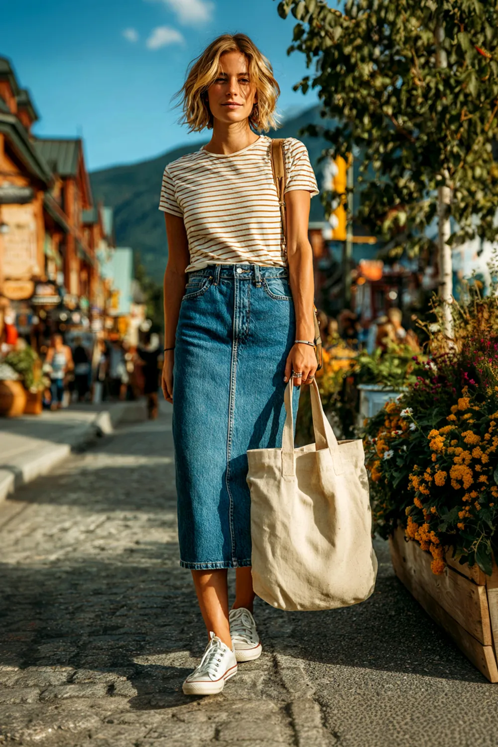 Junge Frau im gestreiften Shirt und langem Jeansrock mit Stofftasche auf sonniger Straße – perfektes Frühlings-Outfit mit Streetstyle-Flair