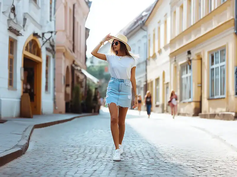 Frau läuft im Sommer durch eine Altstadt und trägt ein Outfit mit weißem T-Shirt, Jeansrock, Sneakern und Strohhut