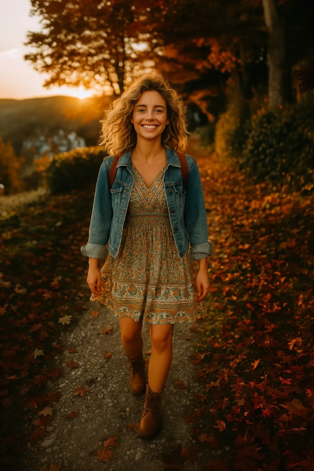 Frau im herbstlichen Outfit mit geblümtem Boho-Kleid, Jeansjacke und braunen Boots bei Sonnenuntergang auf einem Laubweg