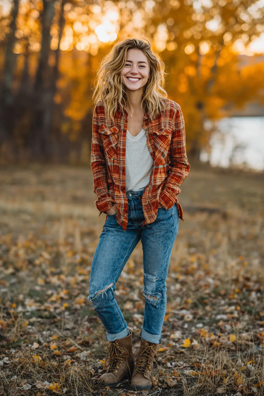 Lächelnde Frau im herbstlichen Outfit mit rotem Flanellhemd, weißem T-Shirt, blauer Jeans und braunen Schnürboots auf herbstlicher Wiese
