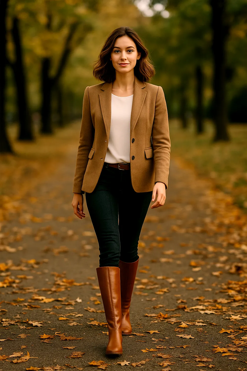 Frau im eleganten Herbst-Outfit mit beigefarbenem Blazer, weißem Shirt, dunkler Jeans und kniehohen braunen Reitstiefeln auf einem herbstlichen Waldweg