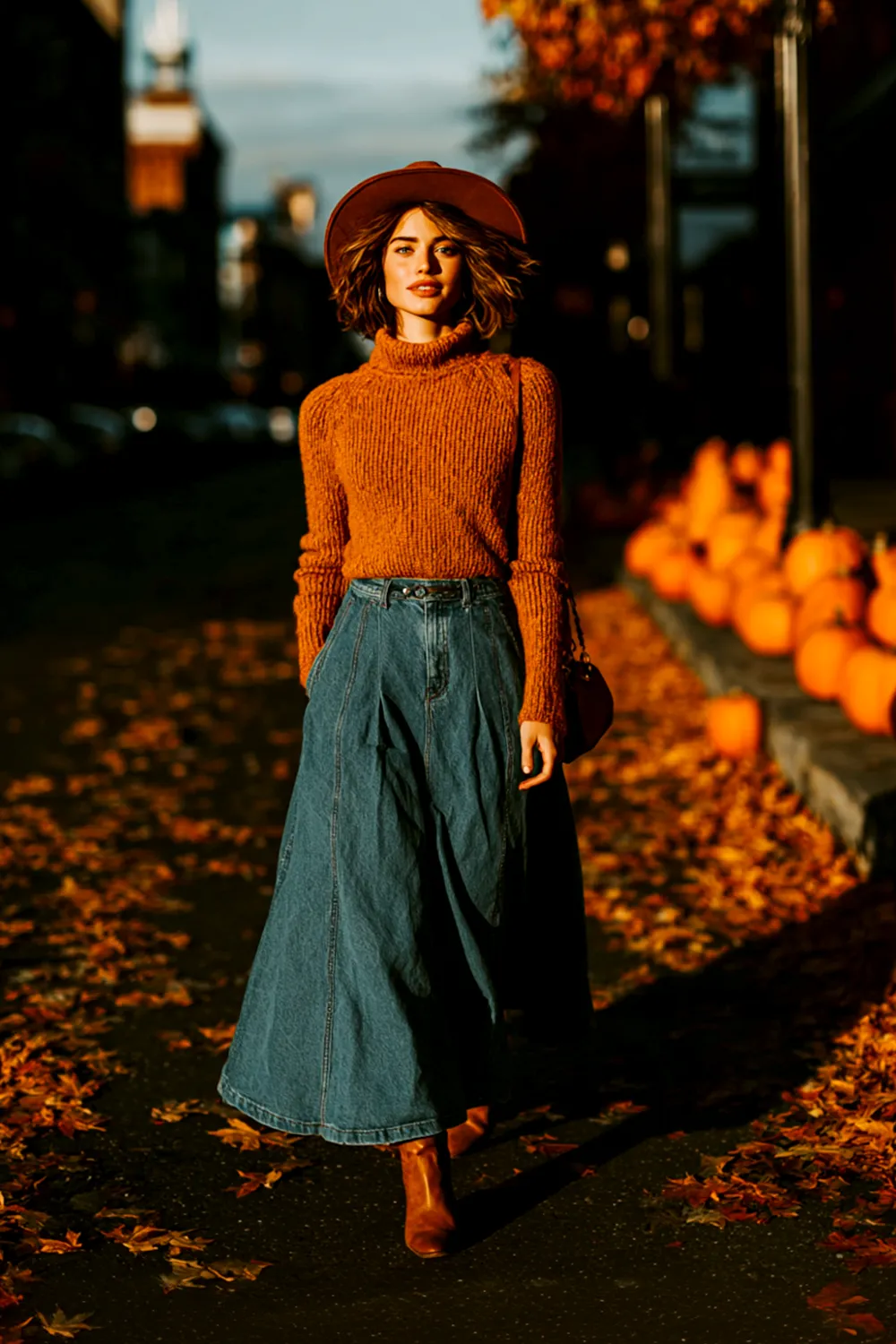 Frau im langen Jeansrock, orangefarbenem Strickpullover und Hut, läuft im Herbstlicht über eine Straße mit Kürbissen und buntem Laub