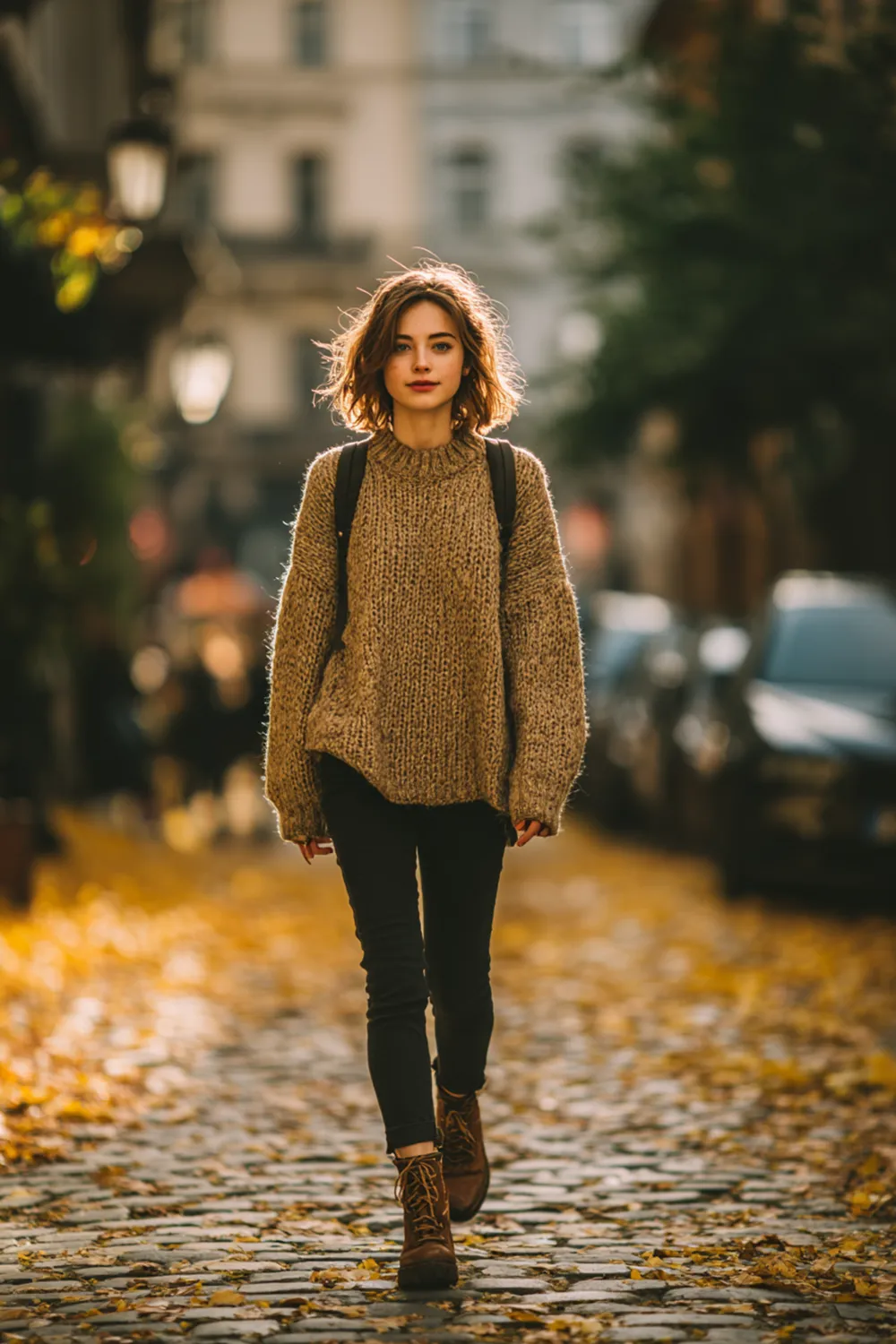 Frau im herbstlichen Streetstyle mit grobem Strickpullover, schwarzen Leggings und braunen Stiefeletten auf laubbedecktem Pflasterweg