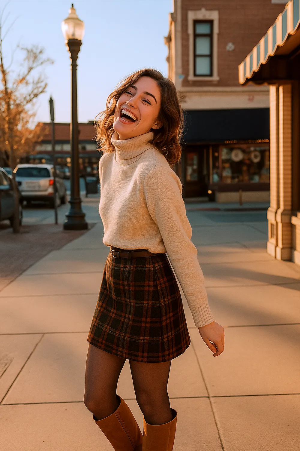 Frau im herbstlichen Look mit beigem Rollkragenpullover, kariertem Minirock, schwarzer Strumpfhose und kniehohen Wildlederstiefeln in der Abendsonne
