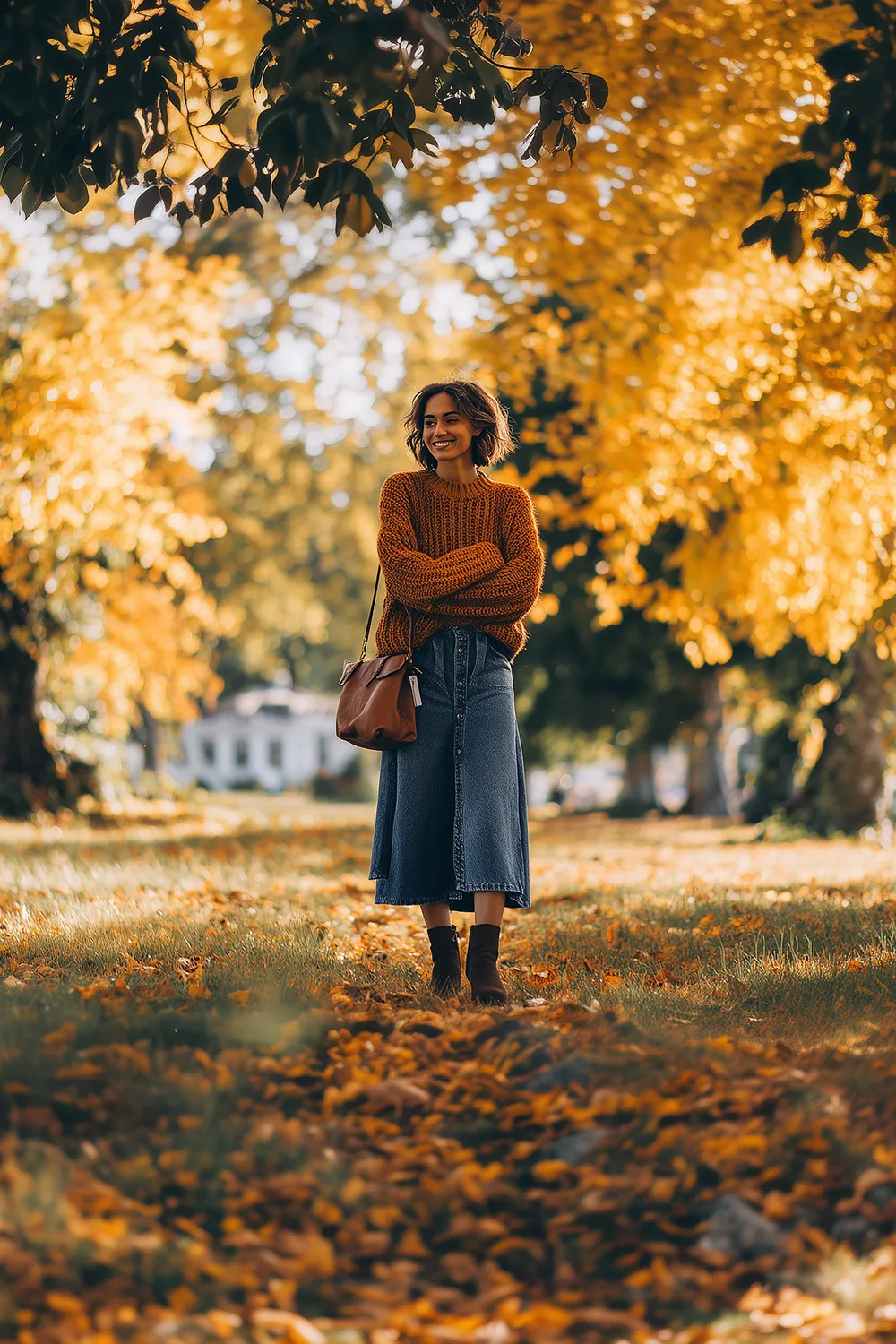 Lächelnde Frau im High-Waist-Jeansrock, orangefarbenem Strickpullover und Stiefeletten steht im herbstlichen Park mit goldenem Laub