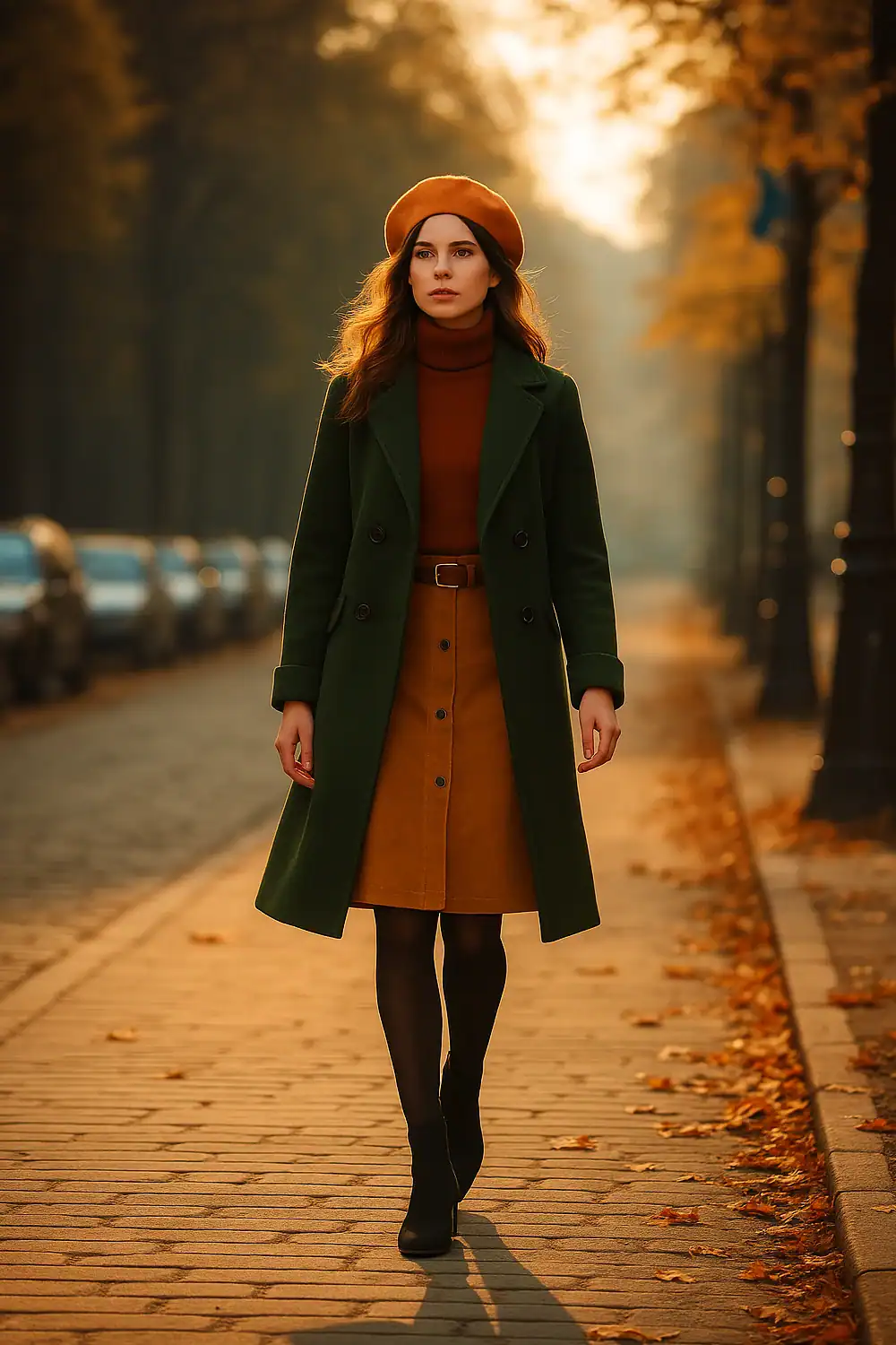 Frau im herbstlichen Outfit mit dunkelgrünem Mantel, senffarbenem Kleid und Barett – Trendfarben Herbst 2025