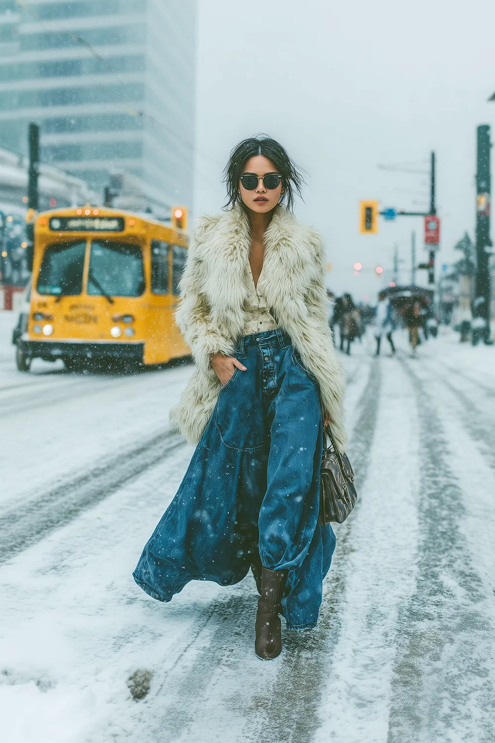 Stylishe Frau im langen Jeansrock, weißem Kunstfellmantel und Winterboots bei Schneefall in der Stadt mit gelbem Bus im Hintergrund