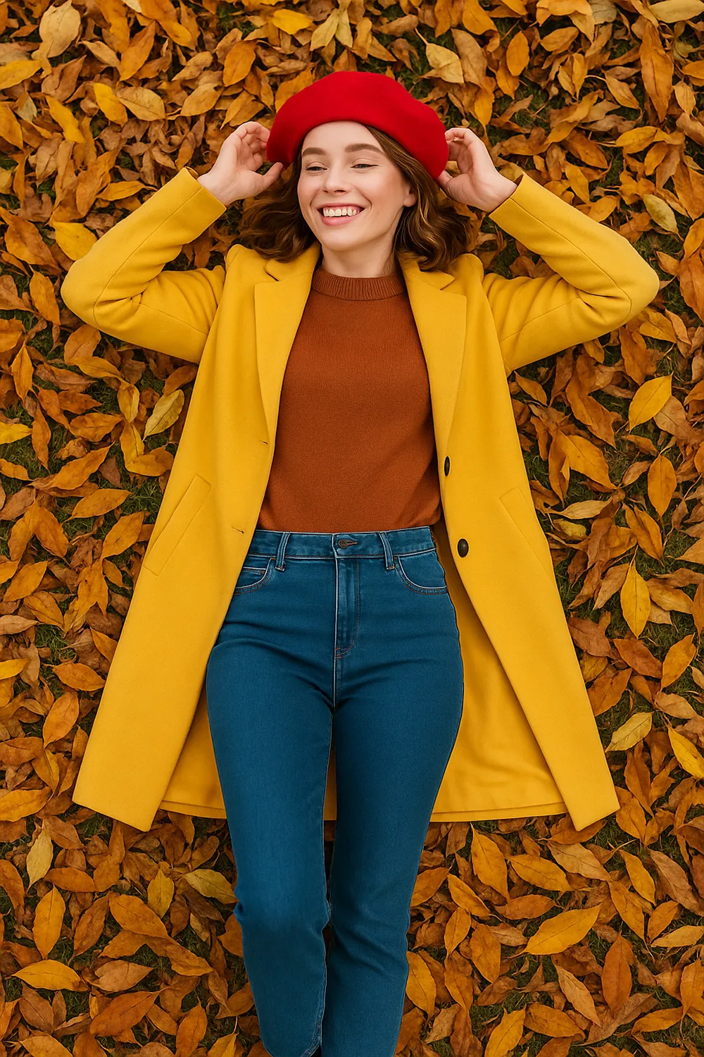 Frau mit rotem Barett und senfgelbem Mantel auf Herbstlaub – Trendfarben für den Herbst 2025: Signalrot, Curry, Rostbraun