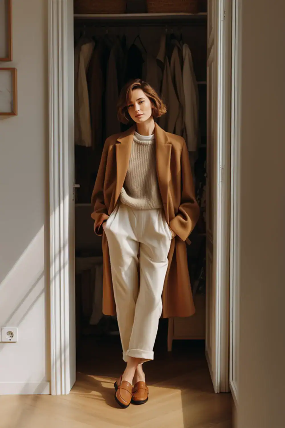 Modischer Herbstlook mit Camelmantel, beigem Strickpullover, cremefarbener Hose und Loafern – ideal für eine Capsule Wardrobe fürs Büro