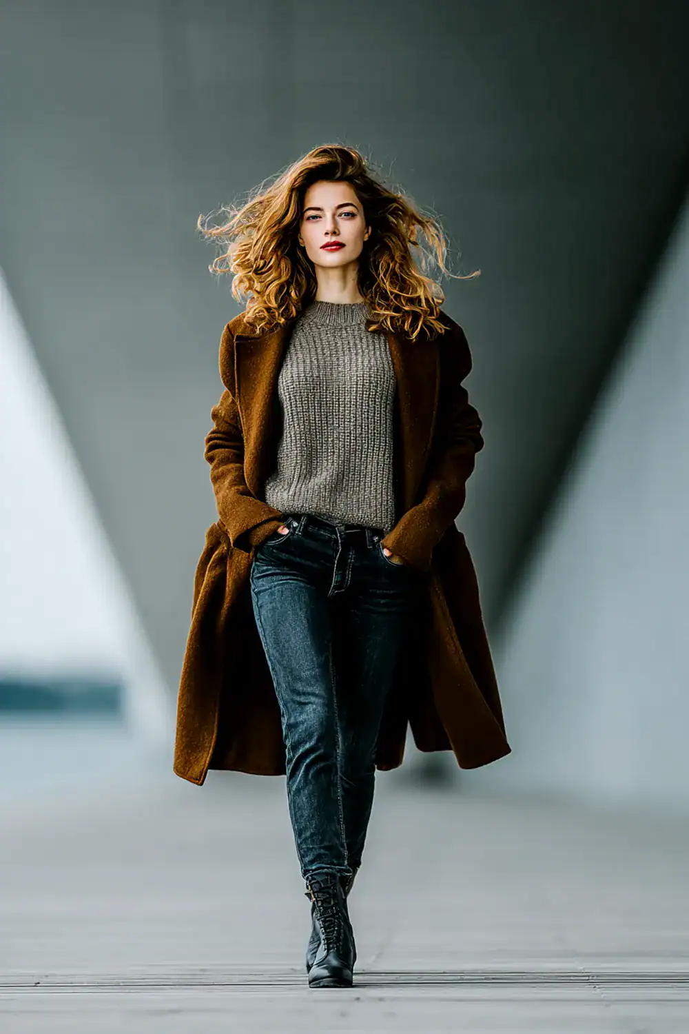 Moderne Frau im Cozy-Chic-Outfit mit braunem Wollmantel, Strickpullover und Jeans – stilvolle Herbstmode für modebewusste Frauen