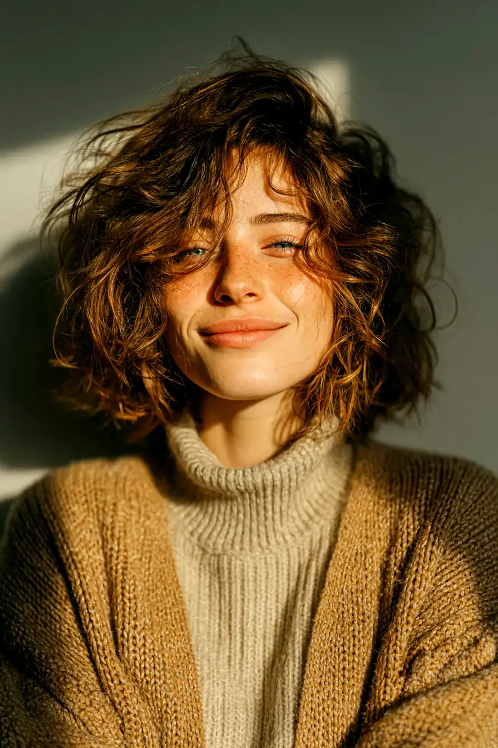 Junge Frau mit kurzem Lockenhaar im Cozy-Chic-Look trägt beigen Rollkragenpullover und Strick-Cardigan in der Abendsonne