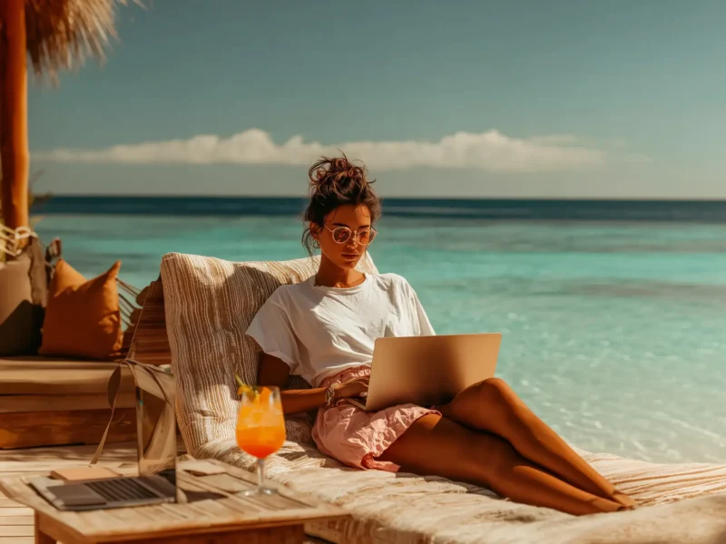 Junge Frau arbeitet mit Laptop und entspannt am tropischen Strand mit Cocktail in der Sonne