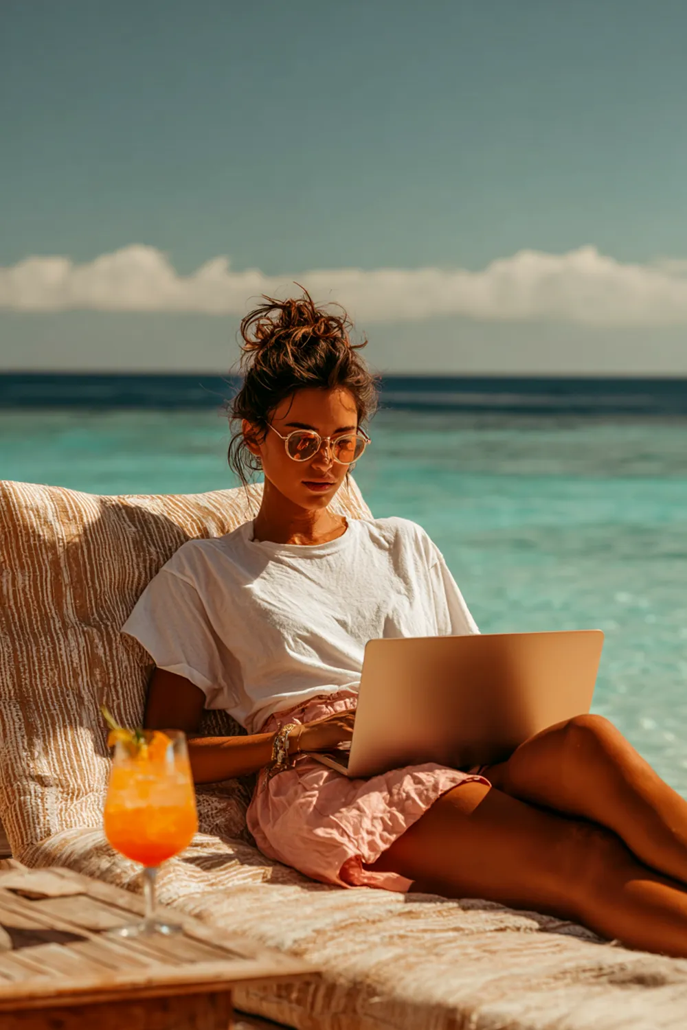 Frau liegt entspannt am Strand mit Laptop auf dem Schoß – Symbolbild für stilvolle Strandurlaub-Packliste mit Technik und Essentials
