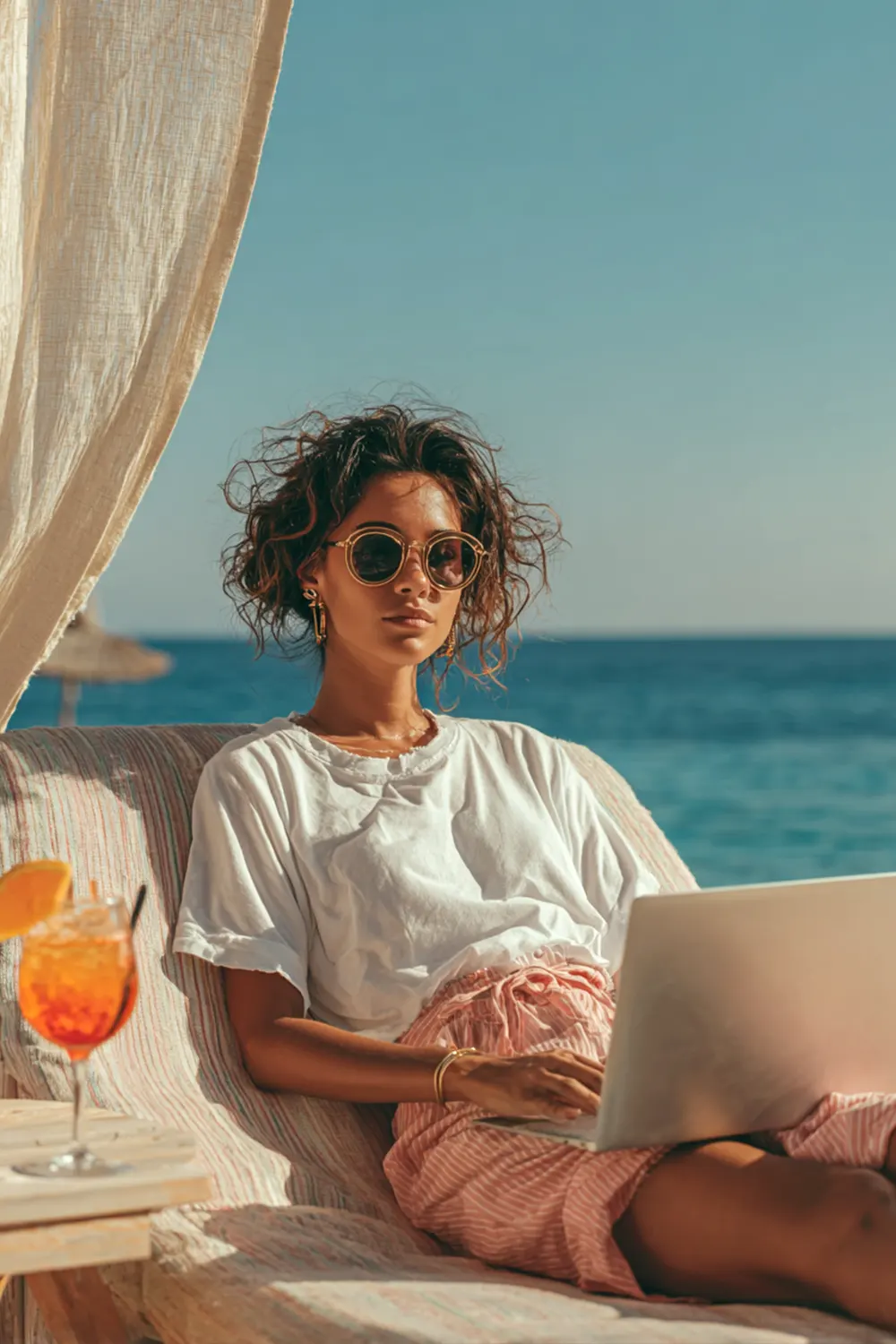 Frau im Sommeroutfit mit Laptop am Strand – entspannter Moment mit Drink und Meerblick beim Arbeiten im Urlaub