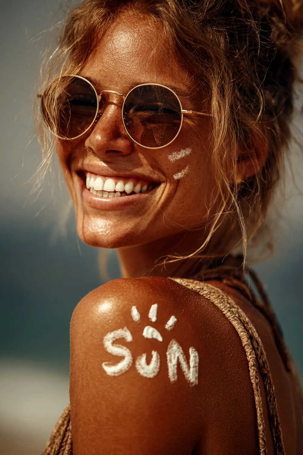 Nahaufnahme einer lächelnden Frau mit Sonnencreme-Schriftzug „SUN“ auf der Schulter – perfekter Beach-Look mit Sonnenschutz