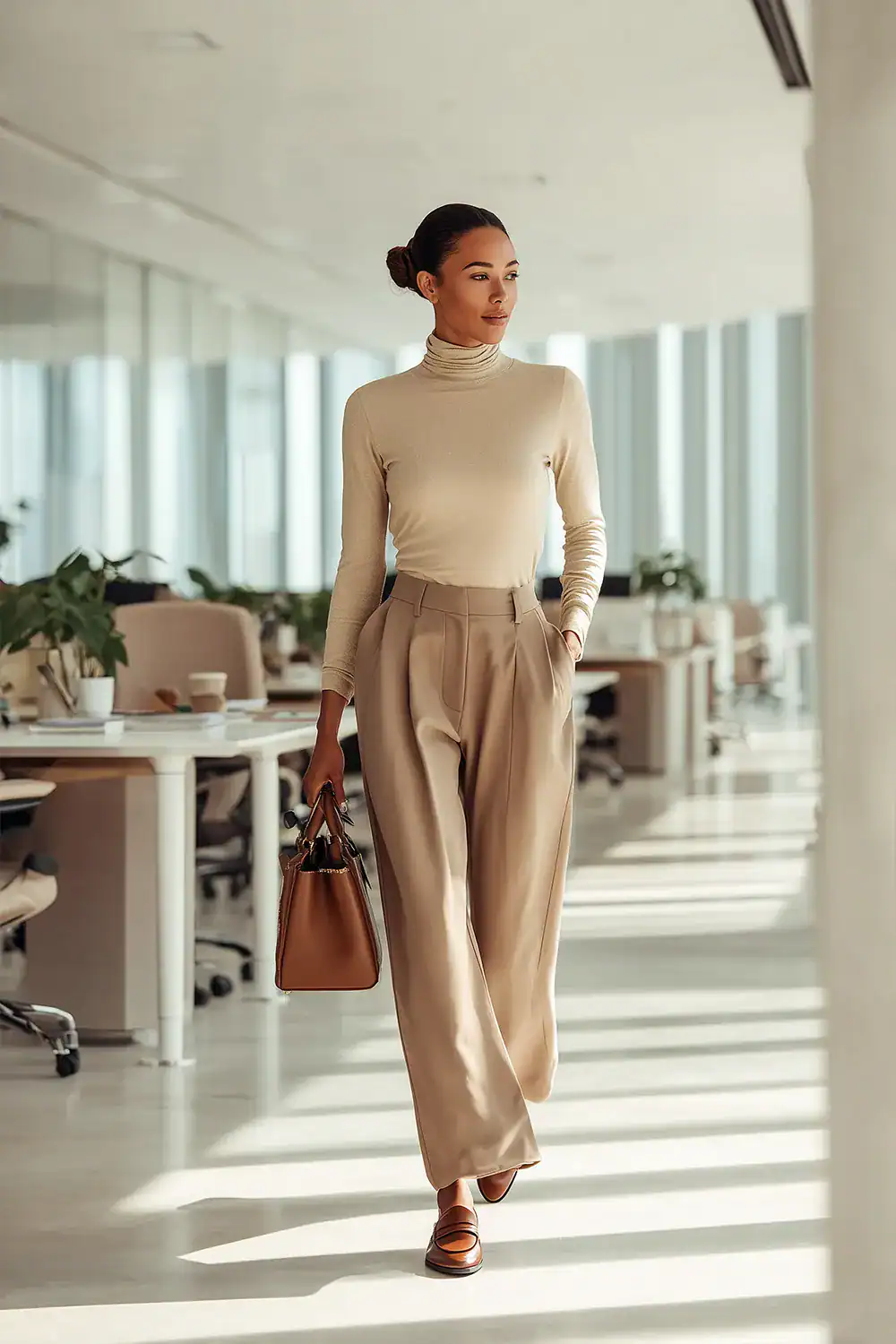Moderner Herbstlook fürs Büro mit beigem Rollkragenpullover, weiter Stoffhose, Loafern und Lederhandtasche – elegantes Business-Outfit für Frauen