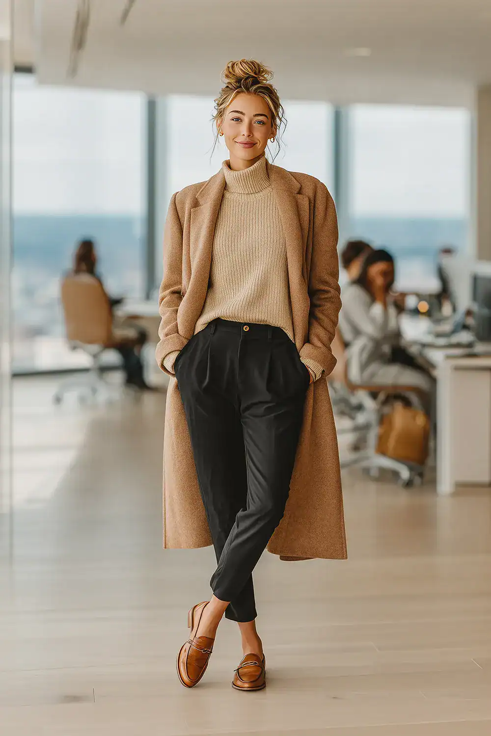 Elegantes Herbst-Outfit fürs Büro mit Camel Coat, beigem Rollkragenpullover, schwarzer Stoffhose und Loafern – moderner Business-Look für Frauen