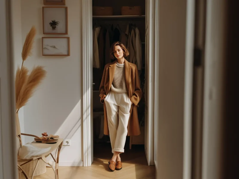 Stilvolles Herbst-Outfit mit Camel-Mantel, cremefarbener Hose und Loafern für moderne Frauen im minimalistischen Capsule-Look