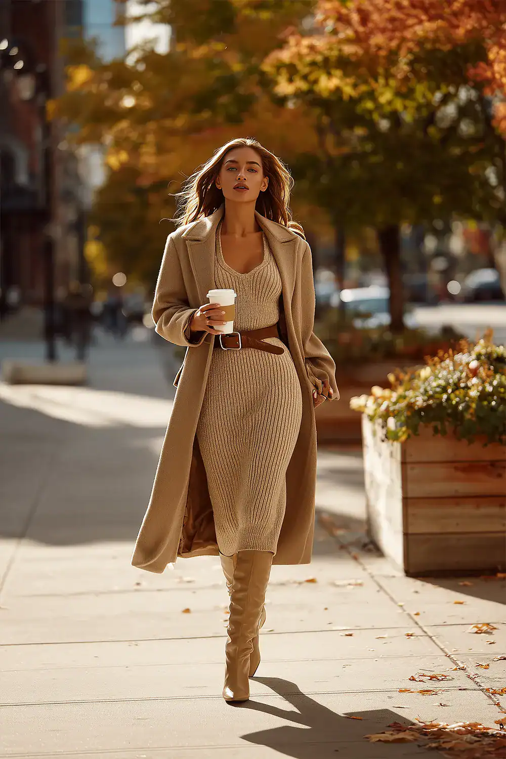 Stilvolles Herbst-Outfit mit geripptem Strickkleid, Taillengürtel, langem Mantel und kniehohen Stiefeln – eleganter Look für moderne Business-Frauen