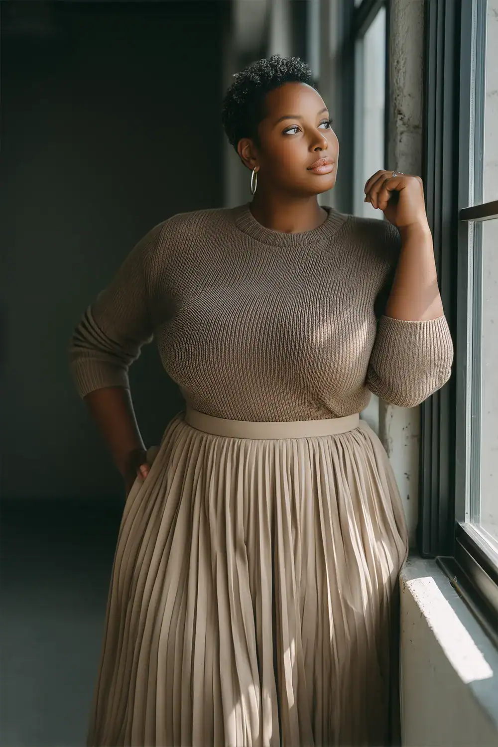 Modebewusste Plus Size Frau in beigem Strickpullover und Plisseerock steht selbstbewusst im Fensterlicht