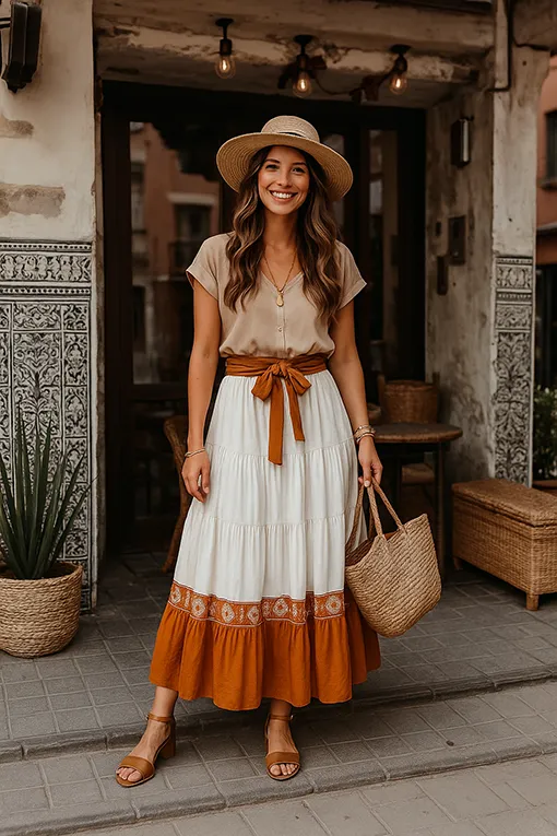 Stilvolles Sommer-Outfit für Frauen mit beigefarbener Bluse, Maxirock in Erdtönen und Strohhut – perfekt für jeden Anlass