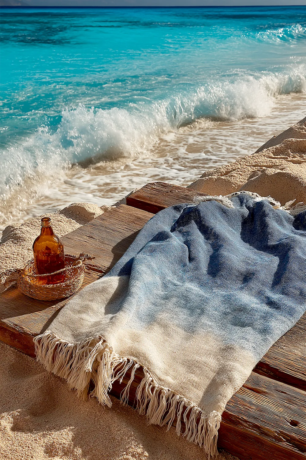 Stranddecke und Glasflasche auf Holzdeck vor türkisblauem Meer – perfekte Kulisse für entspannte Urlaubsmomente am Wasser