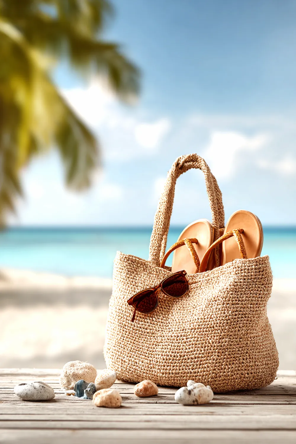 Strohtasche mit Sandalen und Sonnenbrille am Strand – stilvolle Must-haves für einen perfekt gepackten Strandurlaub