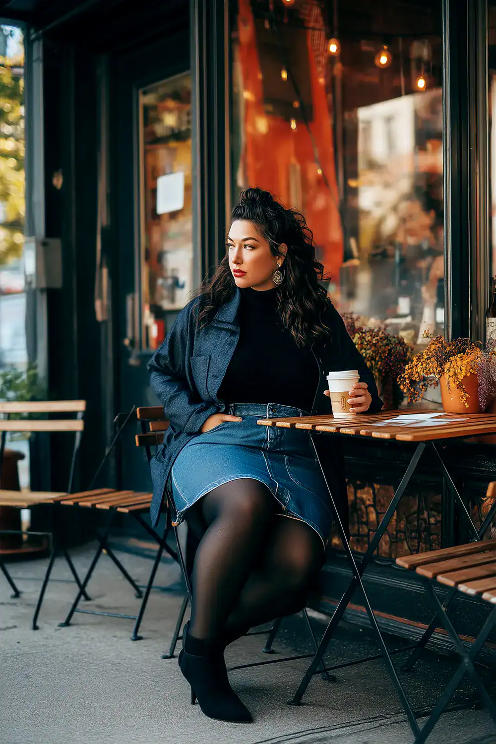 Plus-Size-Frau im stylischen Herbst-Outfit mit Jeansrock, Strumpfhose und Ankle Boots vor einem Café