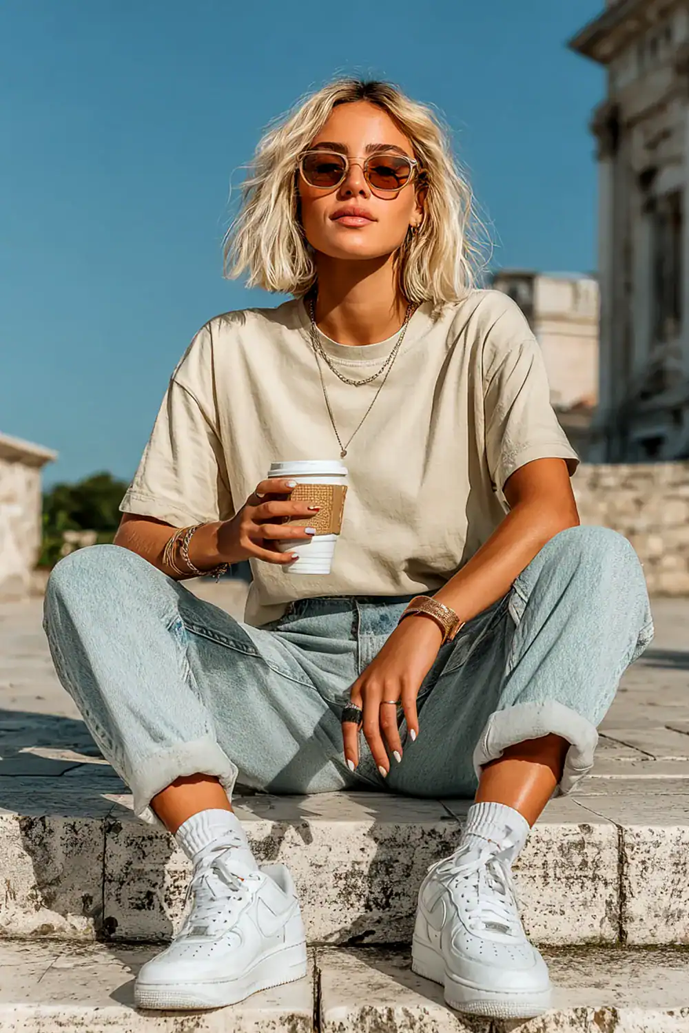 Junge Frau in beigem T-Shirt und blauen Jeans, mit weißen Sneakern und einer Kaffeetasse, sitzt draußen in der Sonne, vor blauem Himmel.