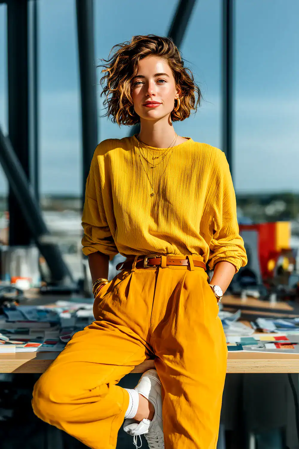 Junge Frau in gelbem Business-Casual-Outfit mit passender Hose und Bluse lehnt entspannt an einem Tisch im modernen Büro