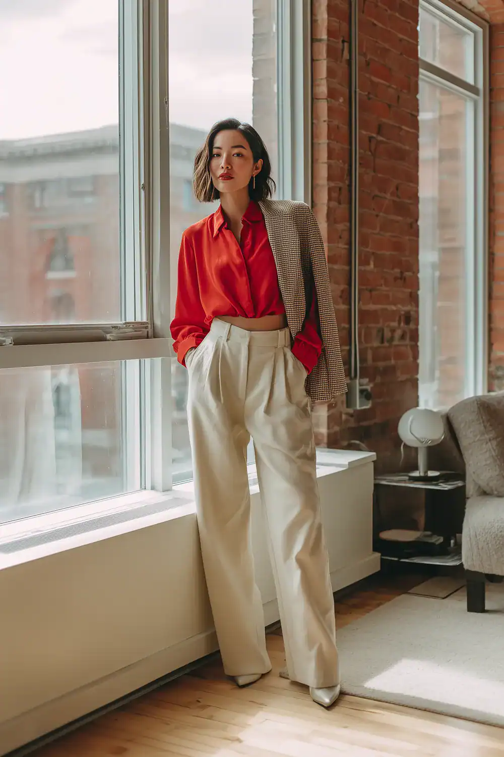 Stilvolle Frau in Business-Casual-Outfit mit roter Bluse, weiter Stoffhose und Blazer über der Schulter steht am Fenster
