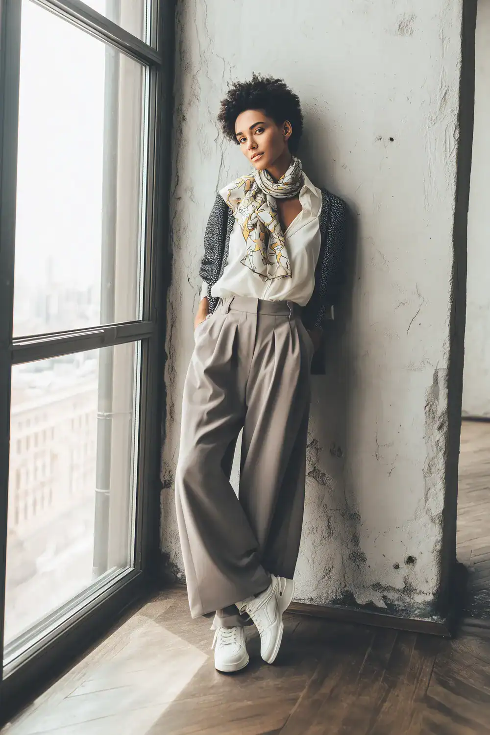 Modebewusste Frau in Business-Casual-Outfit mit weiter Hose, weißer Bluse und Schal steht am Fenster in modernem Loft