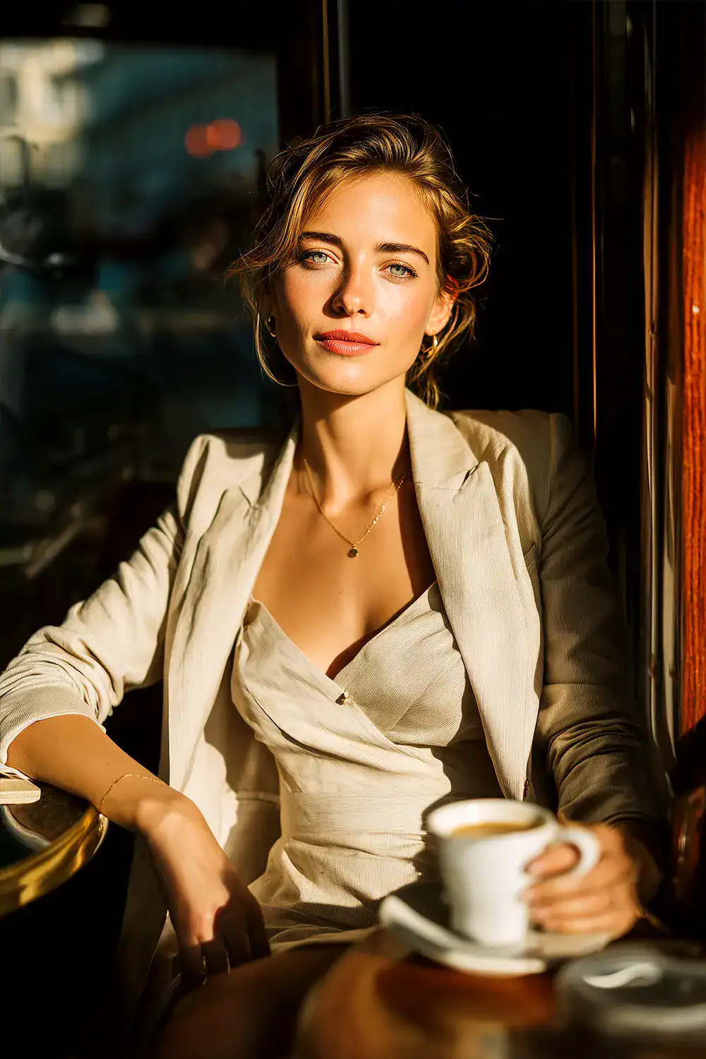 Elegante Frau in Business-Casual-Outfit mit Kaffeetasse im Sonnenlicht eines Straßencafés