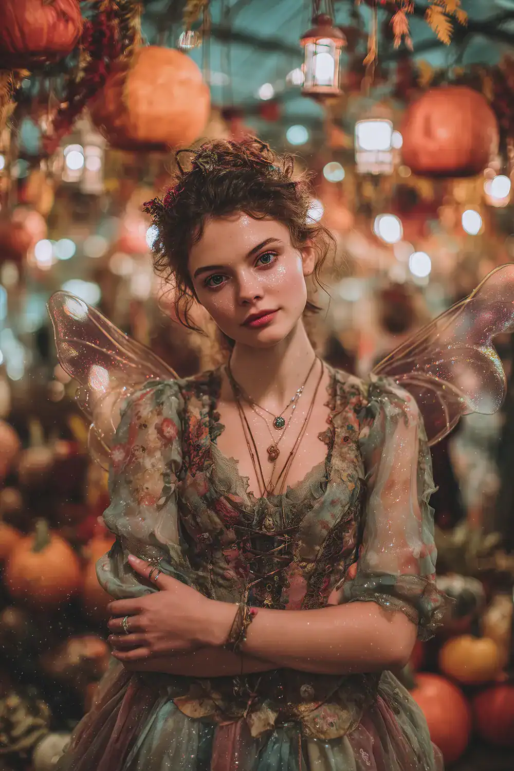 Frau in romantischem Fairycore-Kleid mit schimmernden Feenflügeln, floralen Details und Glitzer-Make-up vor herbstlicher Kürbisdeko – traumhaftes Feen-Halloween-Kostüm für Frauen