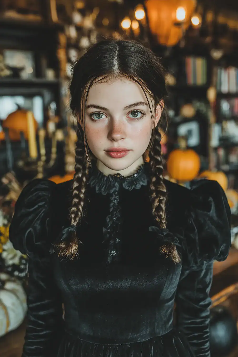 Nahaufnahme einer Frau im schwarzen Samtkleid mit zwei Zöpfen vor Kürbisdeko – Wednesday-Addams-inspiriertes Halloween-Kostüm für Frauen