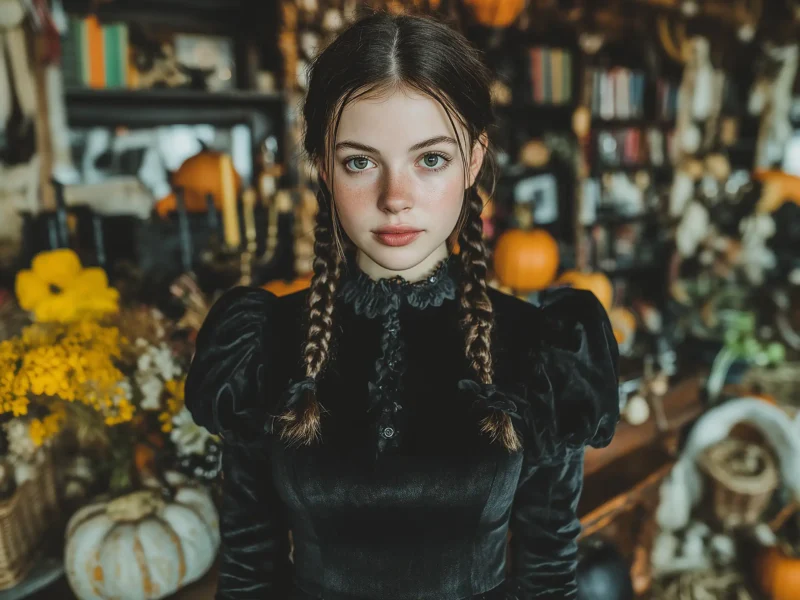 Junge Frau mit zwei Zöpfen im schwarzen Samtkleid vor Kürbissen und Herbstdeko – Wednesday-Addams-inspirierter Look für einfache Halloween-Kostüme für Frauen