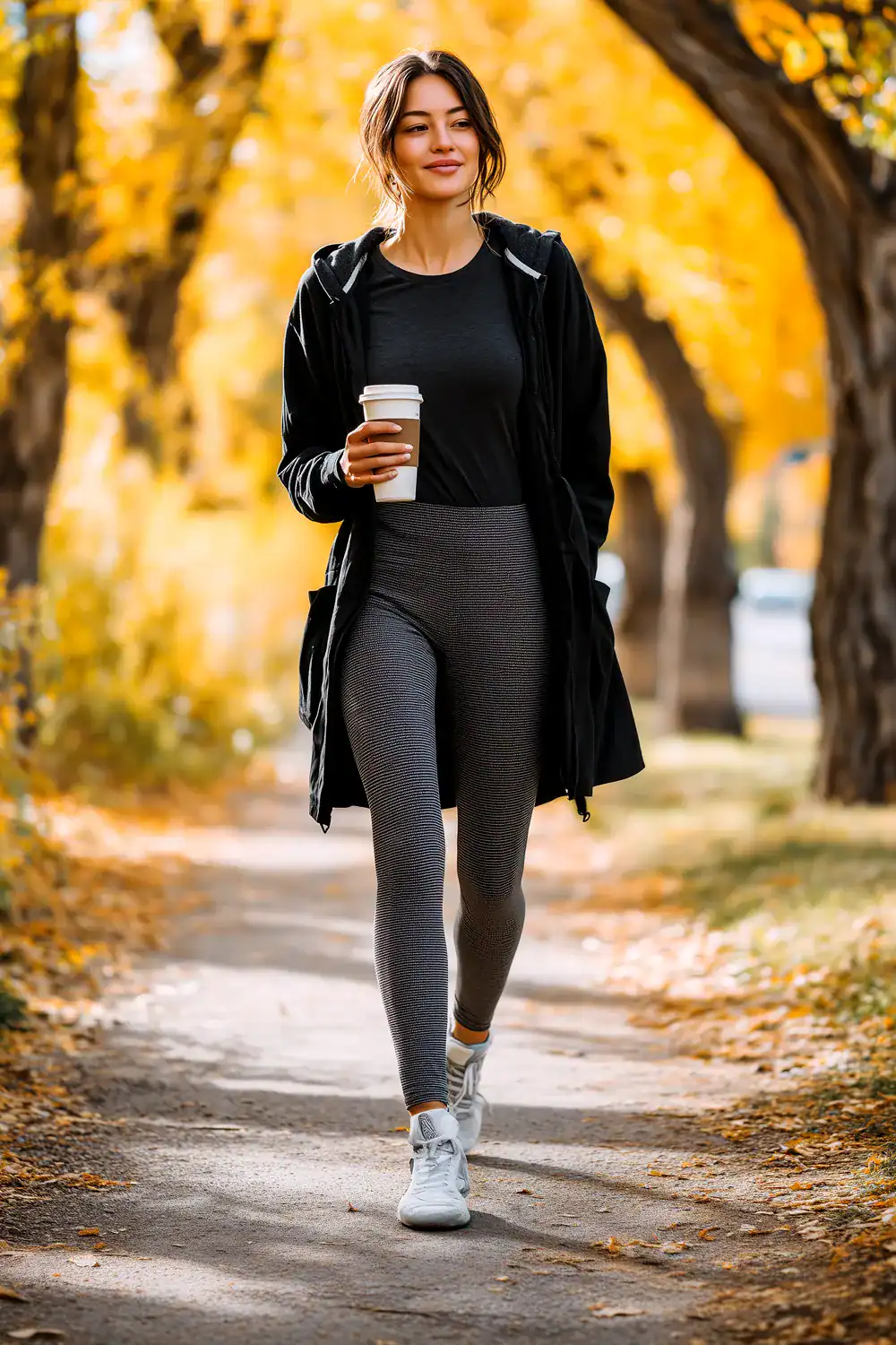Frau in athleisure Herbstlook mit schwarzem Hoodie, schwarzem Shirt, grauen High-Waist-Leggings und weißen Sneakers, Coffee-to-go in der Hand, auf einem baumgesäumten Parkweg mit goldenen Blättern – bequeme Casual-Idee für Herbst-Outfits für Frauen