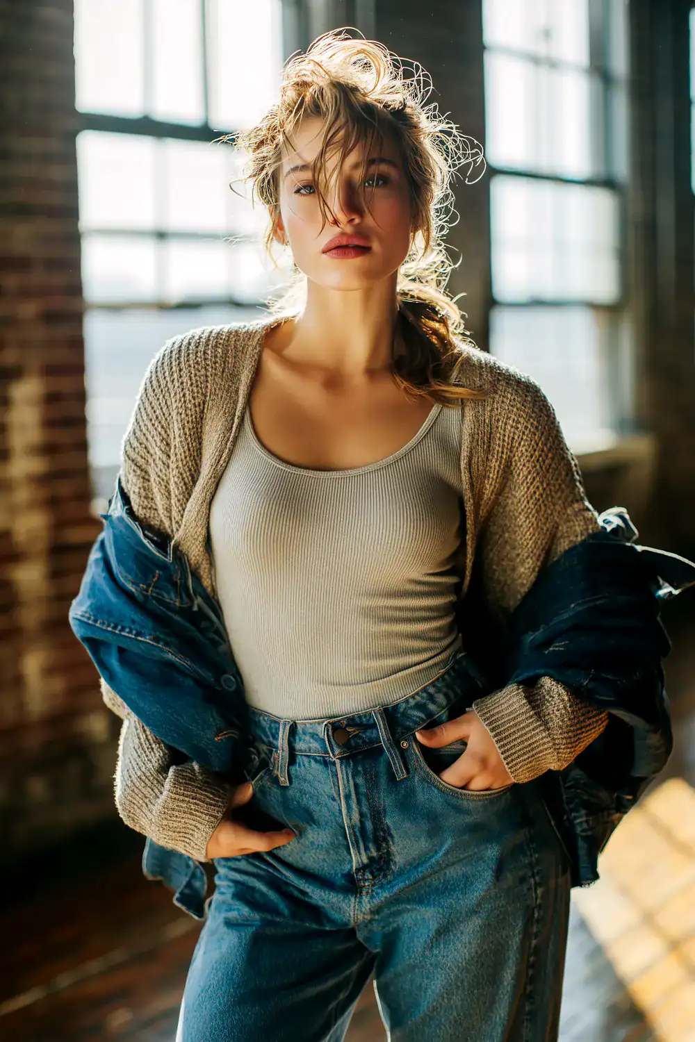 Frau im Capsule-Herbstlook mit Ripp-Tanktop, cozy Strickcardigan und lässig übergeworfener Jeansjacke zu High-Waist-Jeans in einem sonnendurchfluteten Loft – Mix-and-Match Layering-Idee